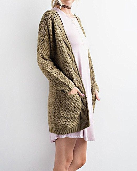 Cardigan tricoté pour femme, douillet, torsadé avec poches