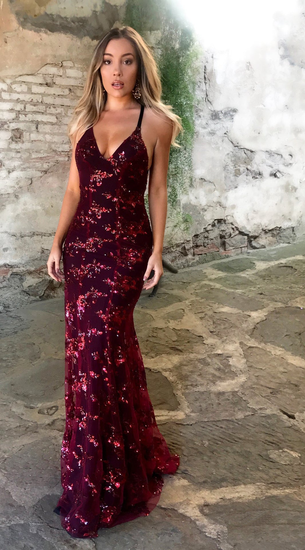 Robe de soirée glamour pour femme longue à sequins décolleté en V