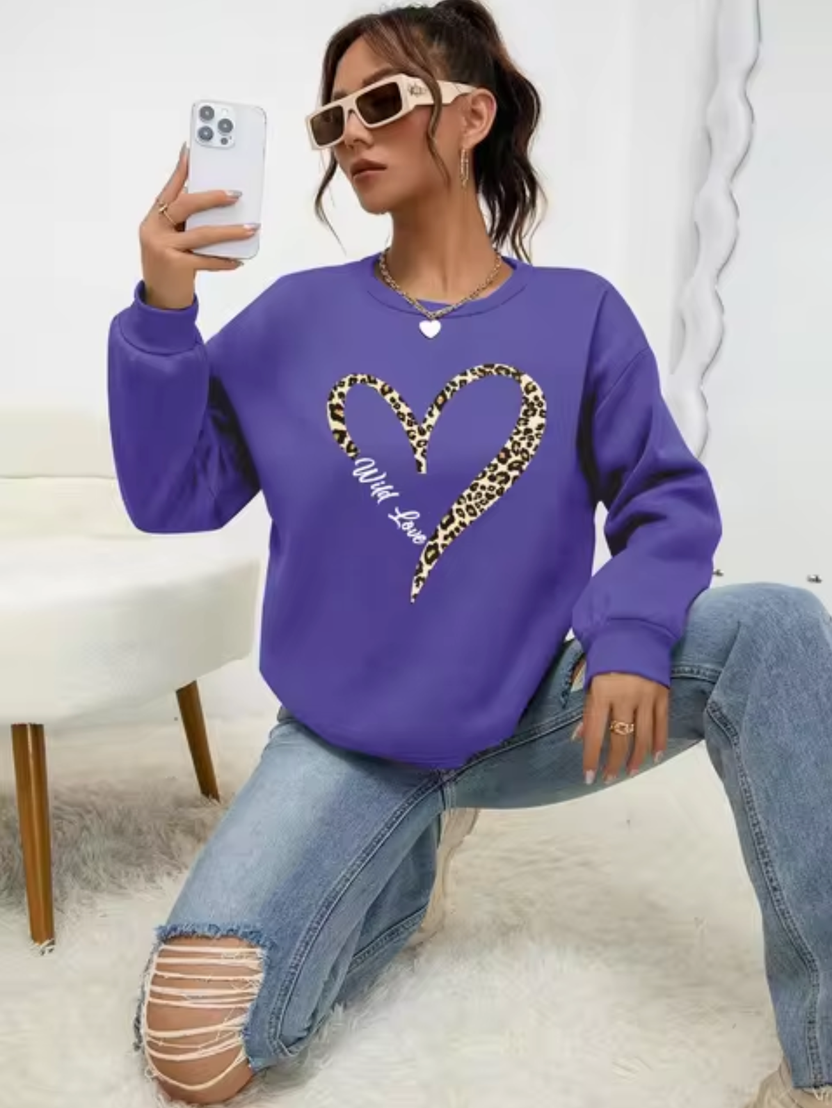 Pull tendance à motif léopard et cœur