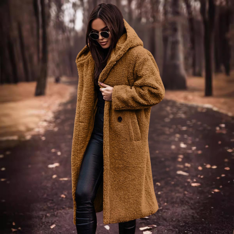 Manteau d'hiver long en teddy pour femme avec capuche