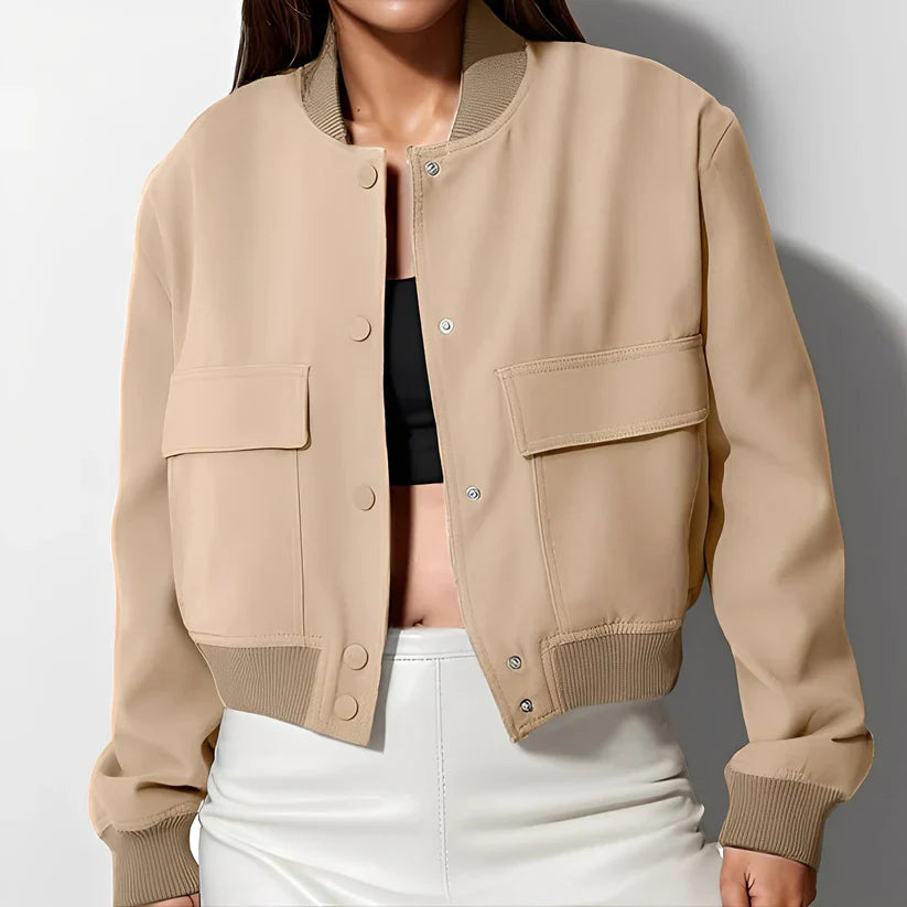 Blouson en cuir pour femme coupe décontractée grandes poches