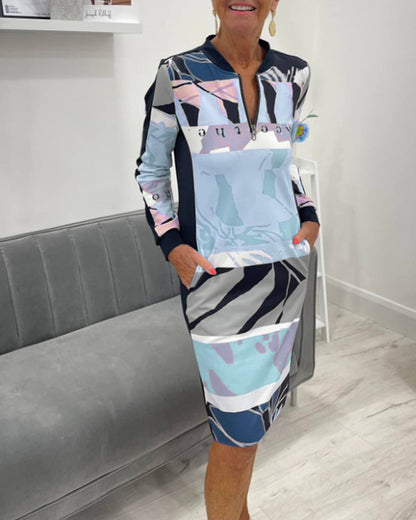 Robe à manches longues et poche, motif blocs de couleur