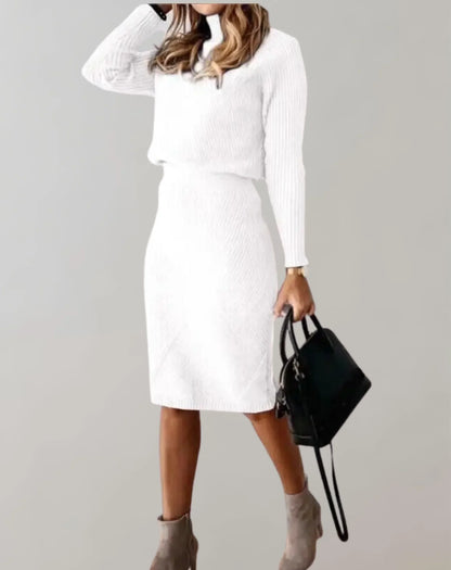Ensemble deux pièces chic pour femme, pull col roulé coupe ajustée et jupe midi