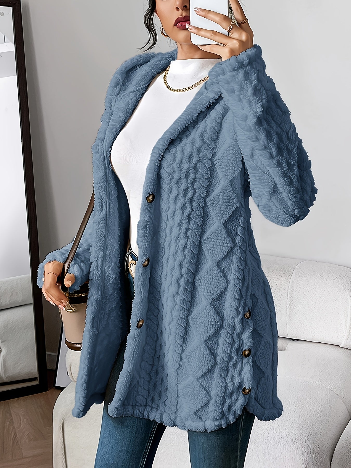 Veste longue d'hiver pour femme avec capuche et boutons