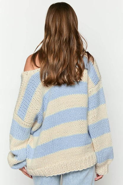 Stylischer Off-Shoulder Pullover Gemütlich Gestreift Herbstmode - IdealeKleiden