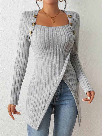 Pull-over Élégant Femme Col Carré Manches Longues