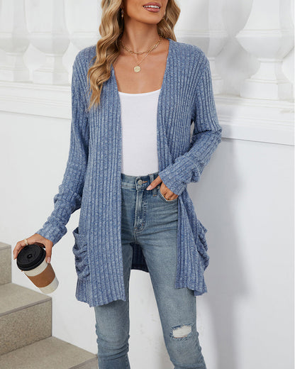 Cardigan élégant uni à manches longues avec poche