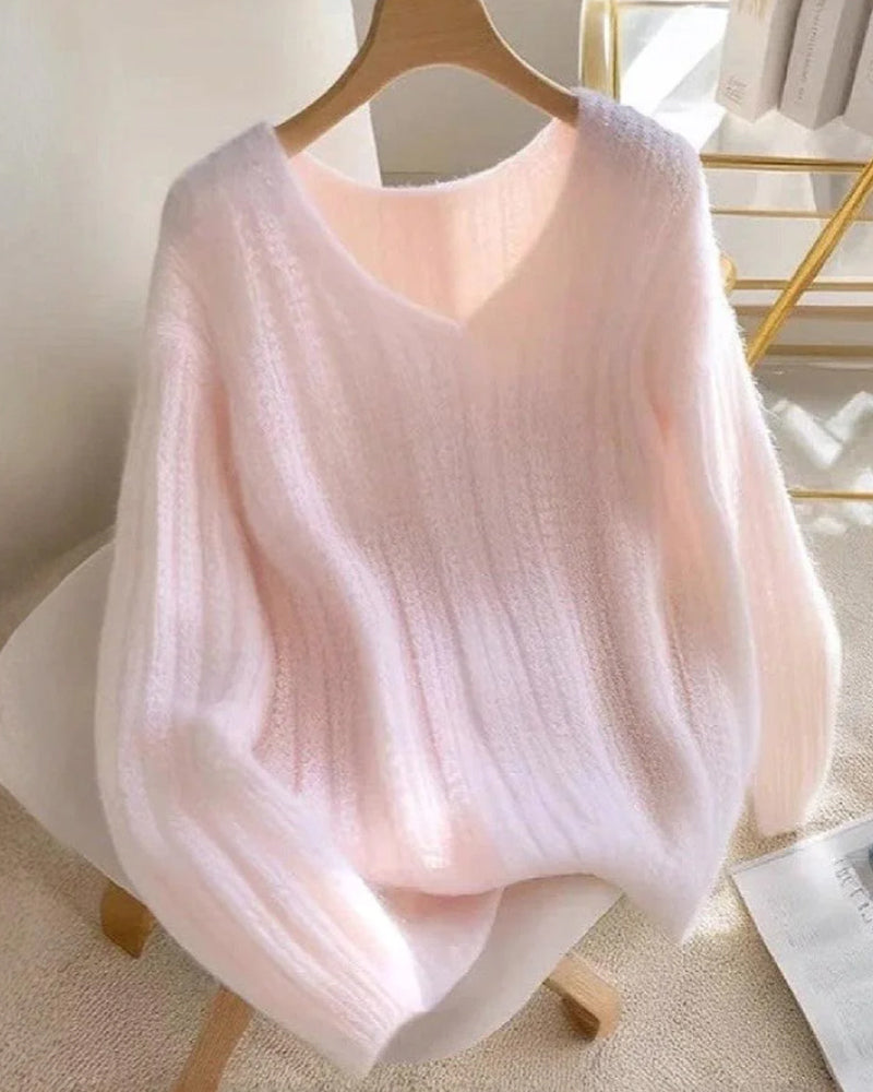 Pull uni col en V femme