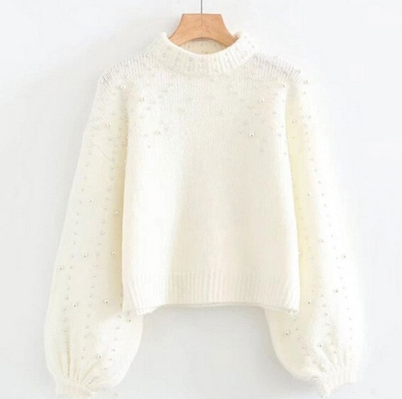 Pull-over femme détails perles pailletées manches amples