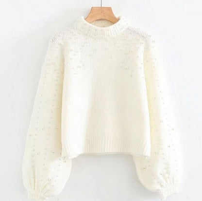 Pull-over femme détails perles pailletées manches amples