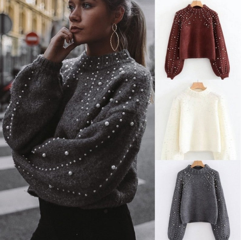 Damen Pullover Glitzer Perlendetails Lockere Ärmel - IdealeKleiden