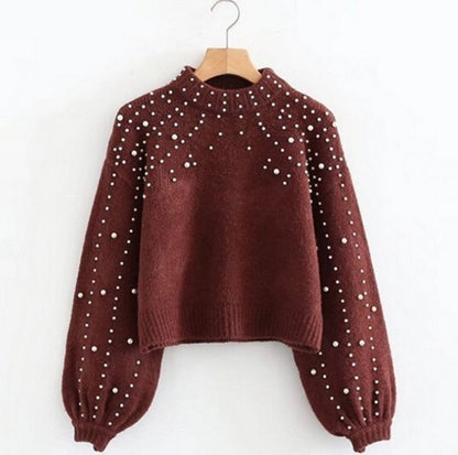 Pull-over femme détails perles pailletées manches amples