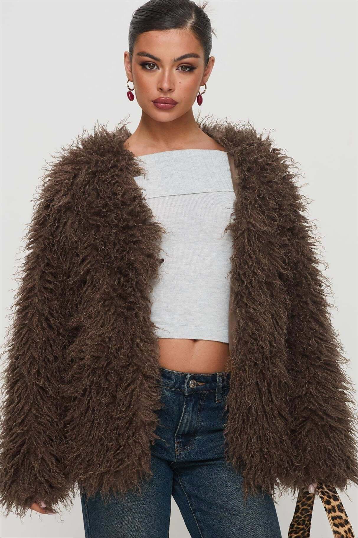 Veste oversize en fausse fourrure marron en peluche
