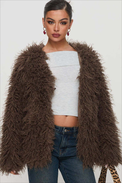 Veste oversize en fausse fourrure marron en peluche