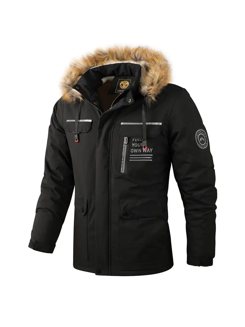 Veste d'hiver homme imperméable doublée à capuche fourrure