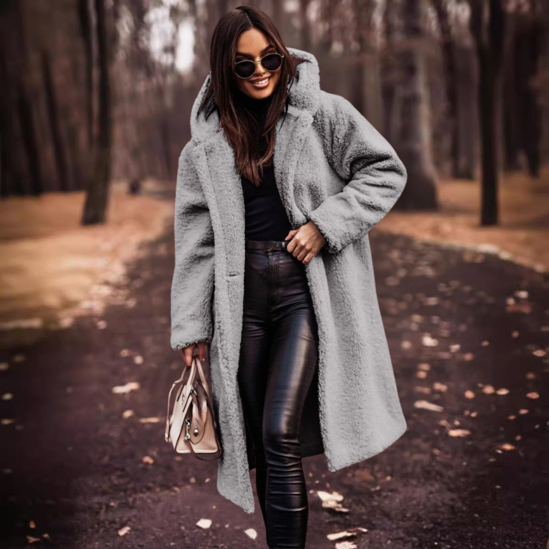 Manteau d'hiver long en teddy pour femme avec capuche