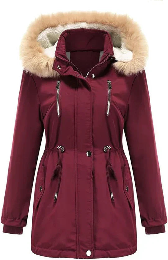 Long manteau d'hiver à capuche fausse fourrure polaire