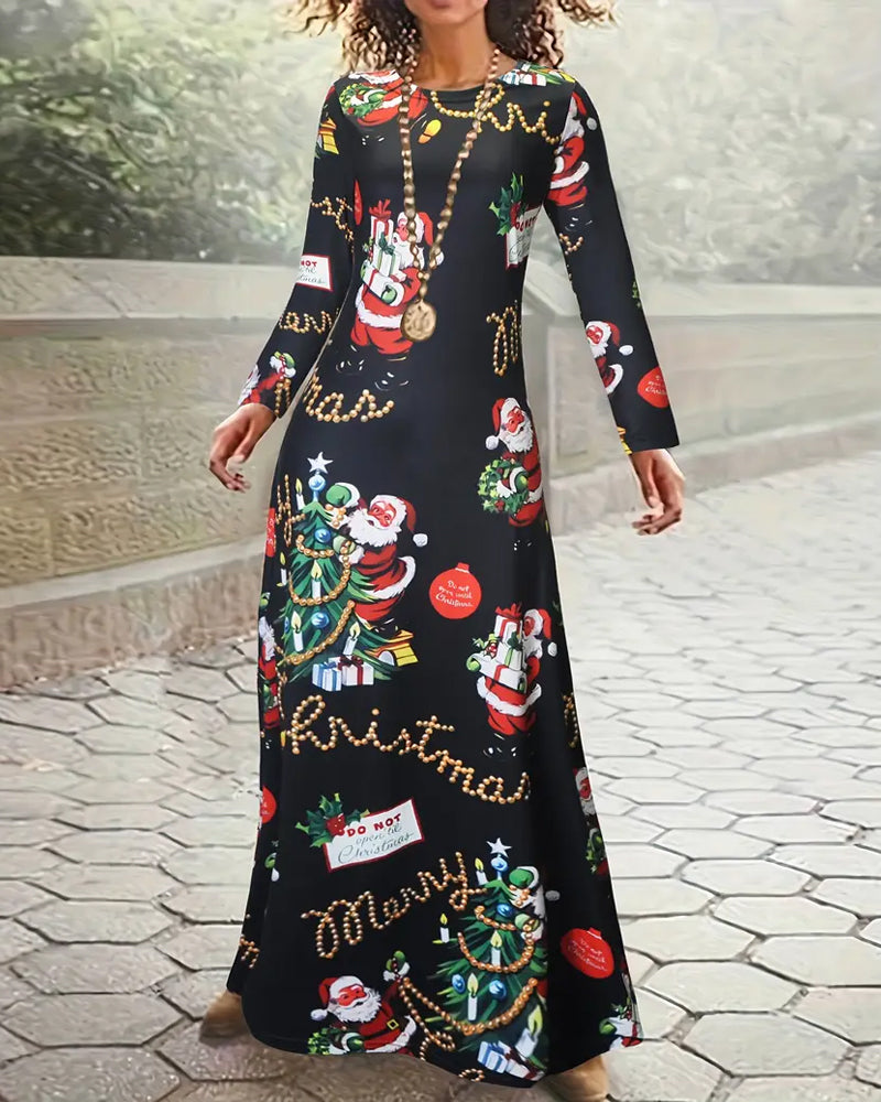 Robe de Noël Manches Longues Élégante Imprimée
