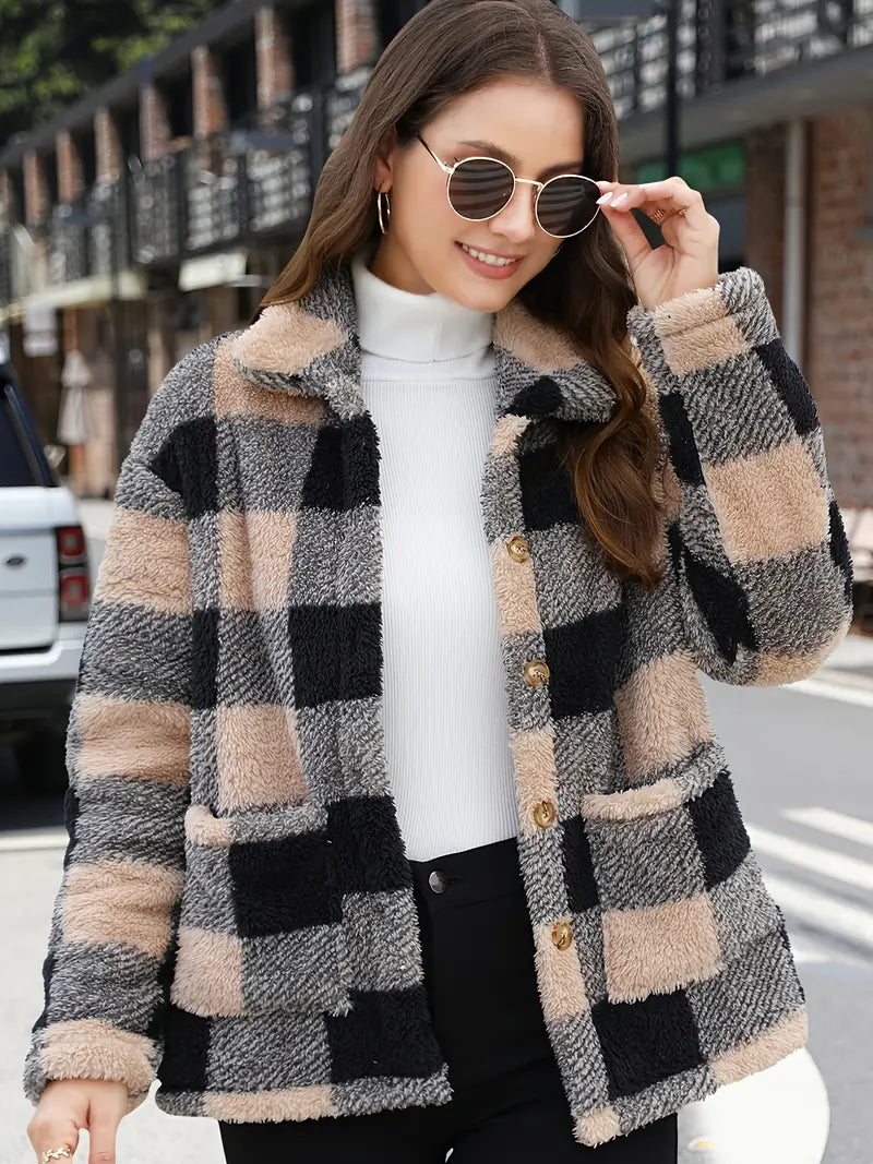 Manteau Teddy Femme en Polaire Carreaux