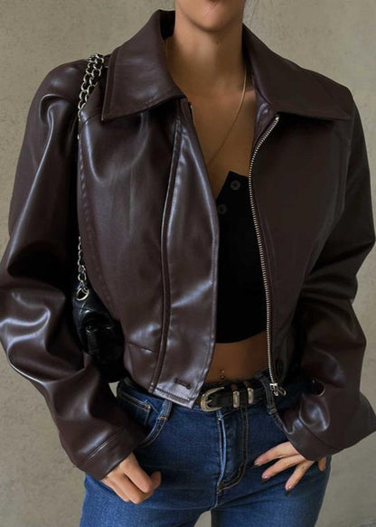 Veste en cuir élégante, fermeture éclair, blouson en cuir synthétique américain