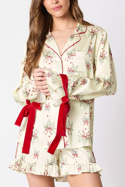 Ensemble de fête de Noël | Haut imprimé avec nœud papillon et short à volants