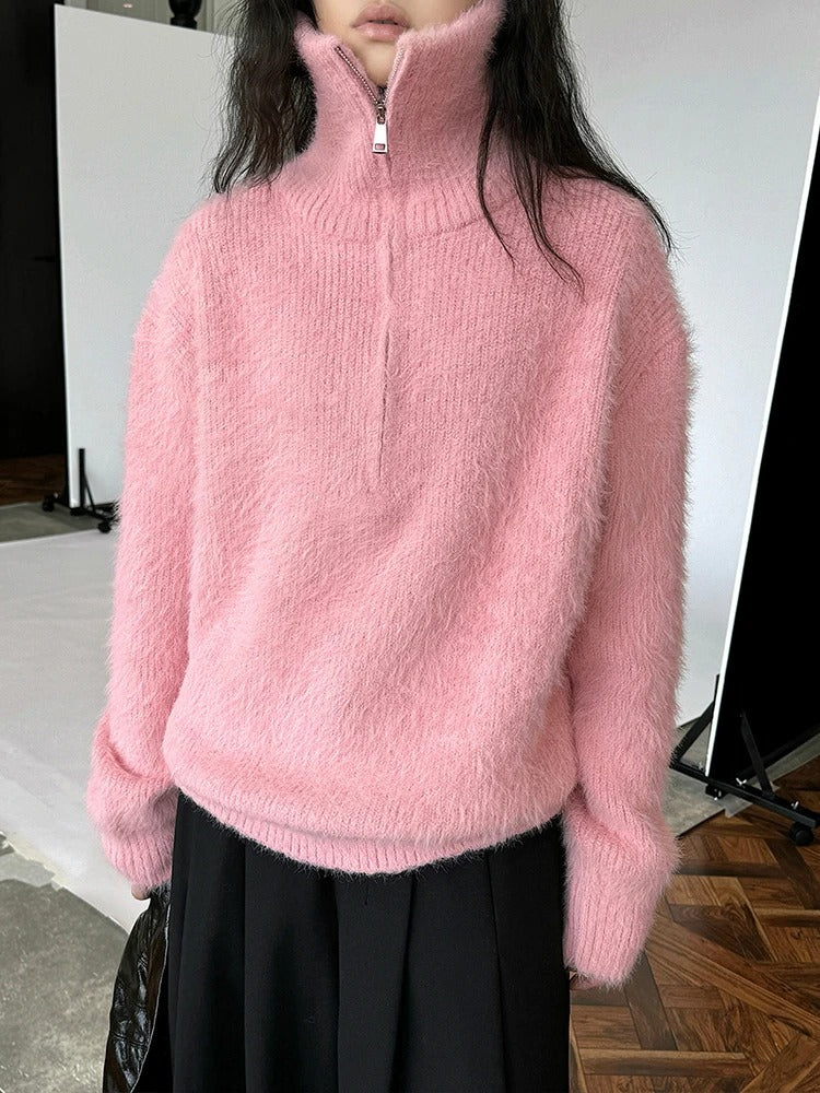 Pull doux à fermeture éclair pour femme