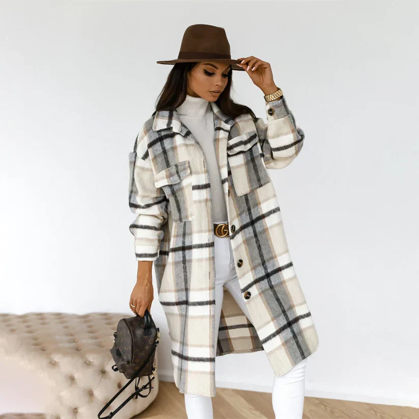 Manteau long d'hiver pour femme Style écossais Ceinture