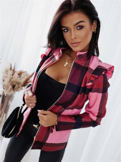 Manteau femme élégant motif carreaux fermeture éclair