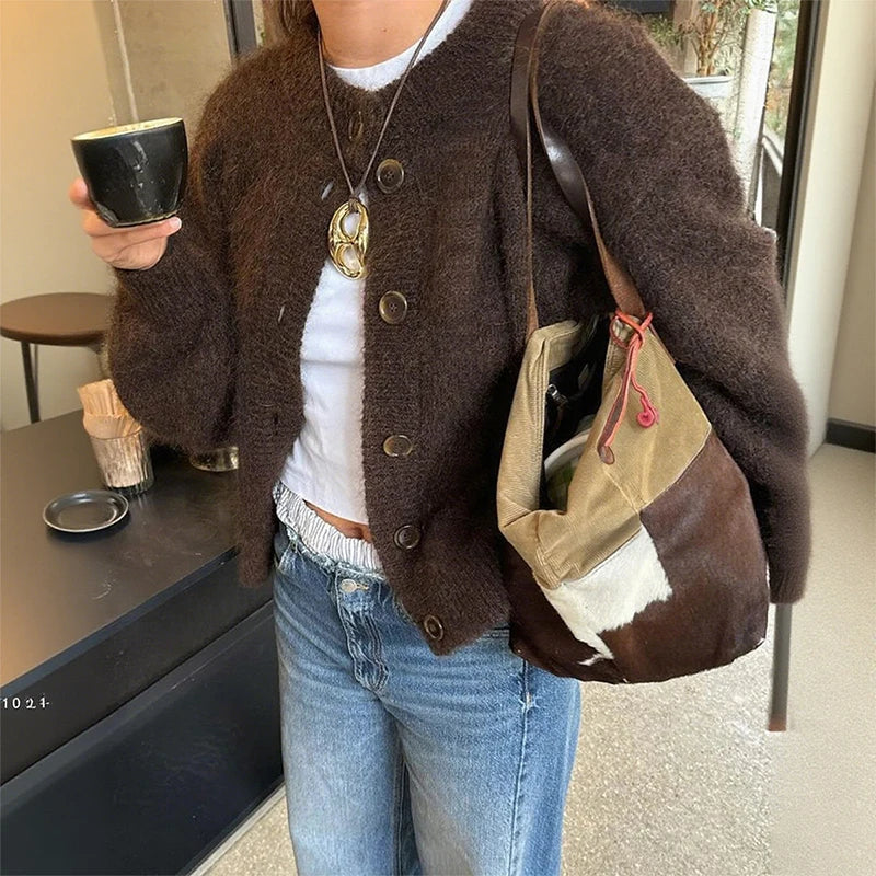 Cardigan Femme Marron Manches Longues Boutons