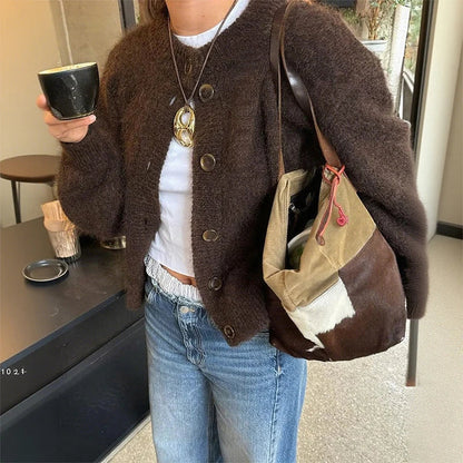 Cardigan Femme Marron Manches Longues Boutons