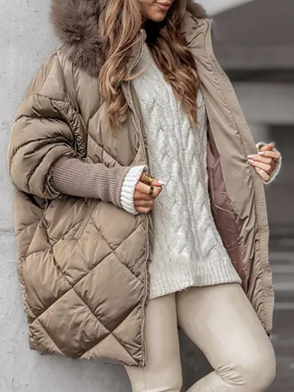 Manteau d'hiver long pour femme avec bordure en fourrure