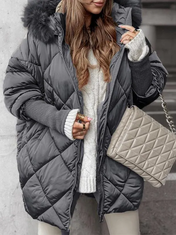 Manteau d'hiver long pour femme avec bordure en fourrure