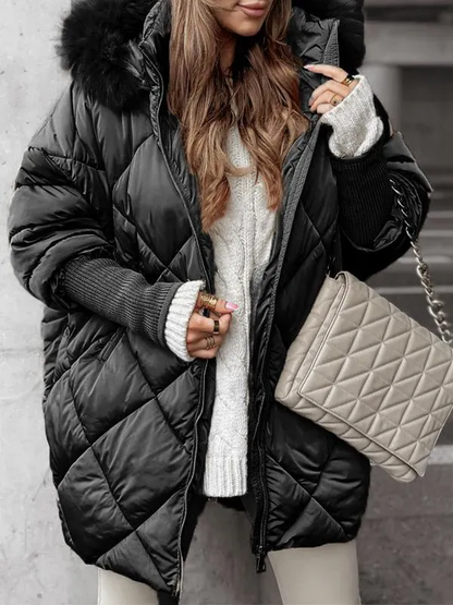 Manteau d'hiver long pour femme avec bordure en fourrure
