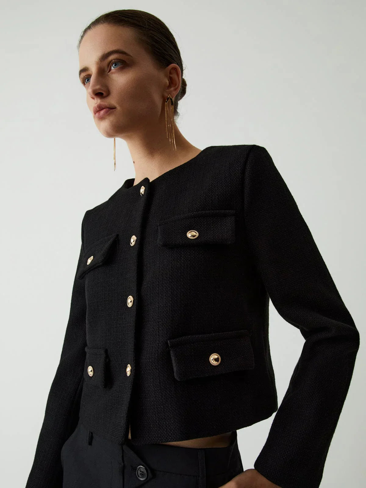 Elegante Damen Tweedjacke mit Goldknöpfen - IdealeKleiden