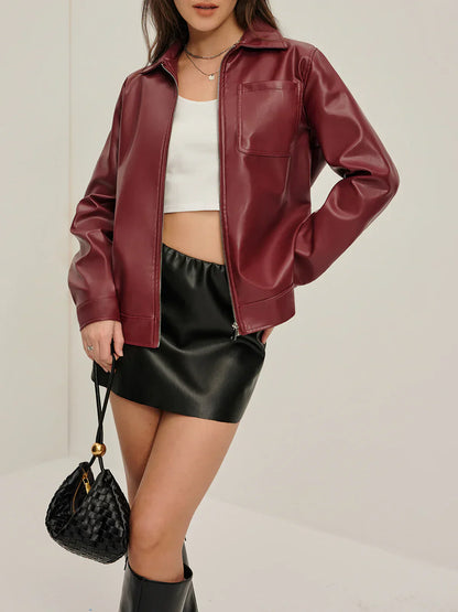 Blouson en cuir femme style motard avec fermeture éclair