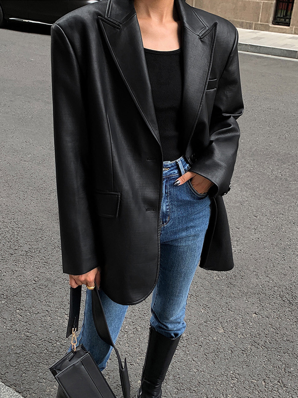 Lederblazer Damen Elegant Schwarz - IdealeKleiden