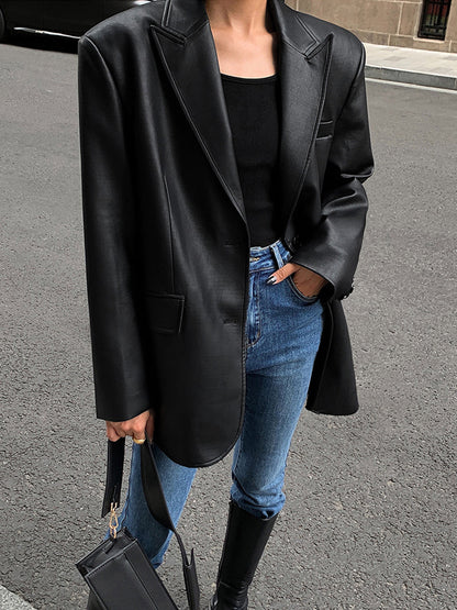 Lederblazer Damen Elegant Schwarz - IdealeKleiden