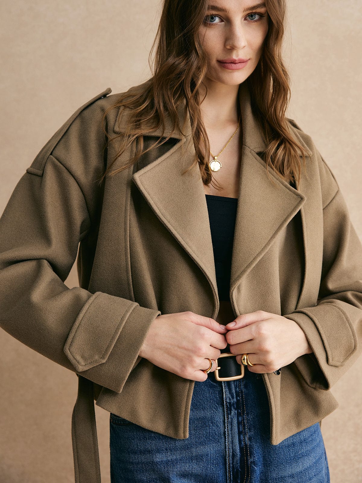 Kurz Geschnittener Wollblazer Khaki Elegant - IdealeKleiden