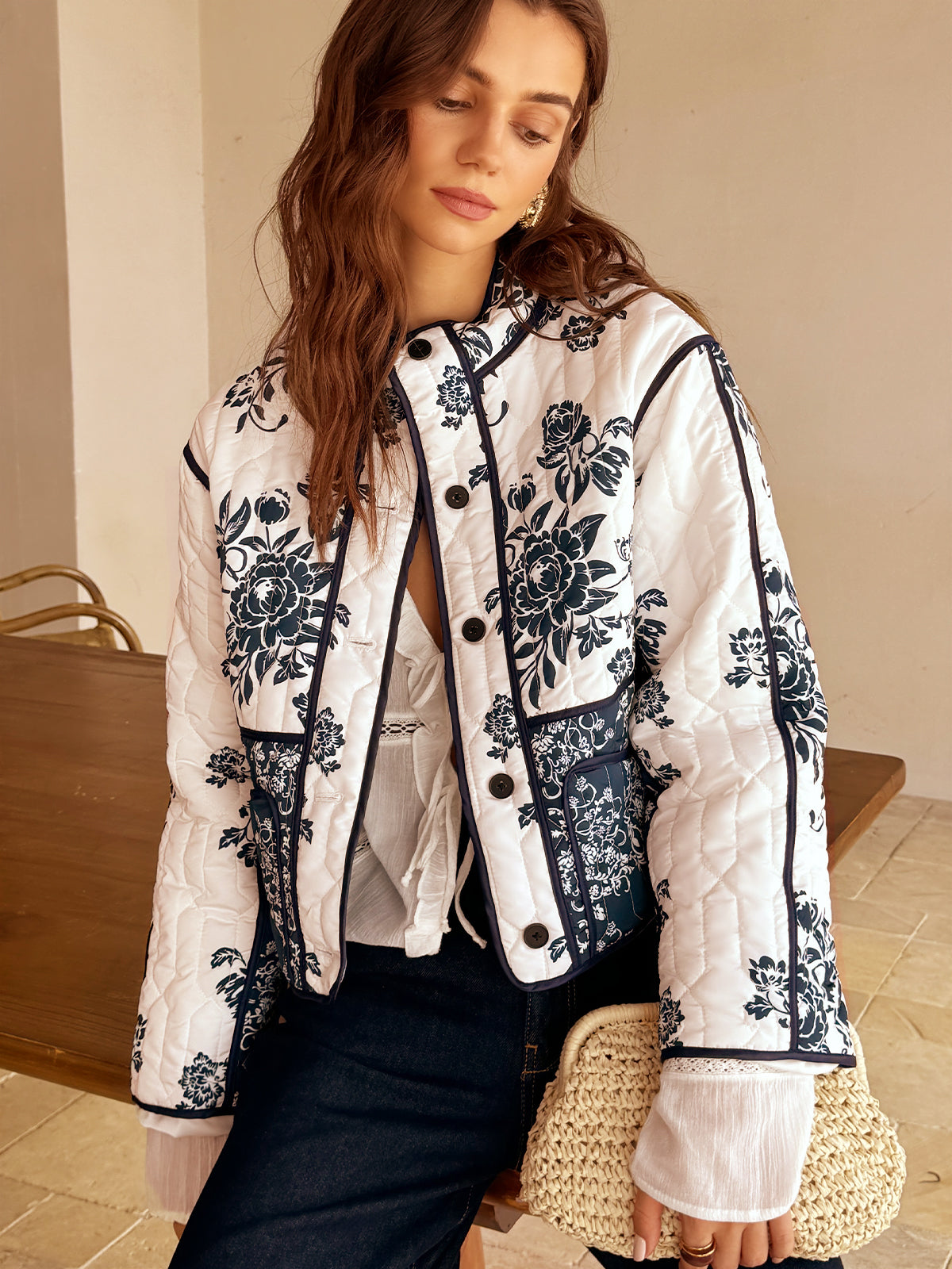 Manteau Bohème Chic Imprimé Fermeture Éclair Coupe Ample