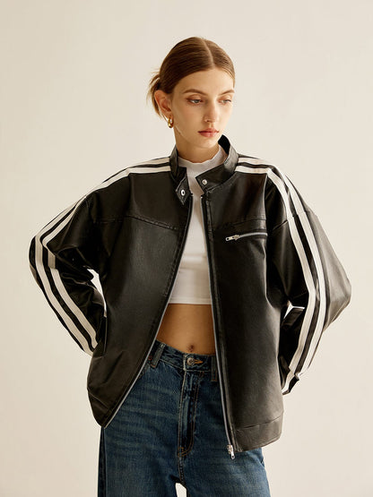 Blouson en cuir noir style moderne à bandes contrastantes