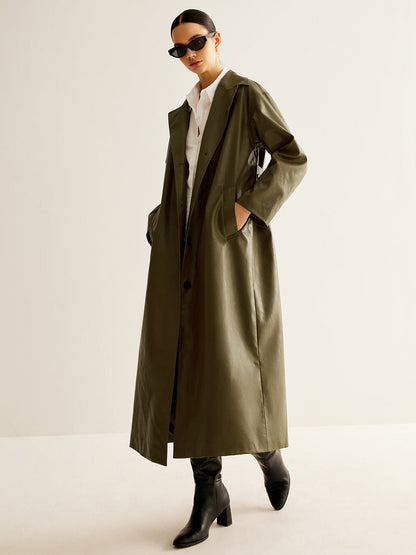Lange Lederjacke Damen Grün Vintage Stil - IdealeKleiden