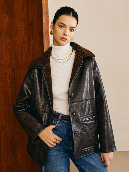 Blouson en cuir noir doublé teddy pour femme