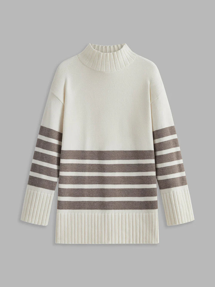 Streifiger Damenpullover Mit Stehkragen - IdealeKleiden