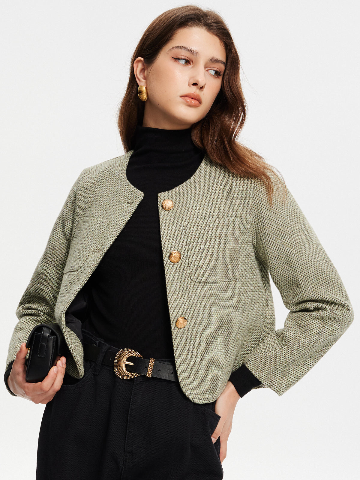 Veste en tweed tendance avec pochette tour de cou