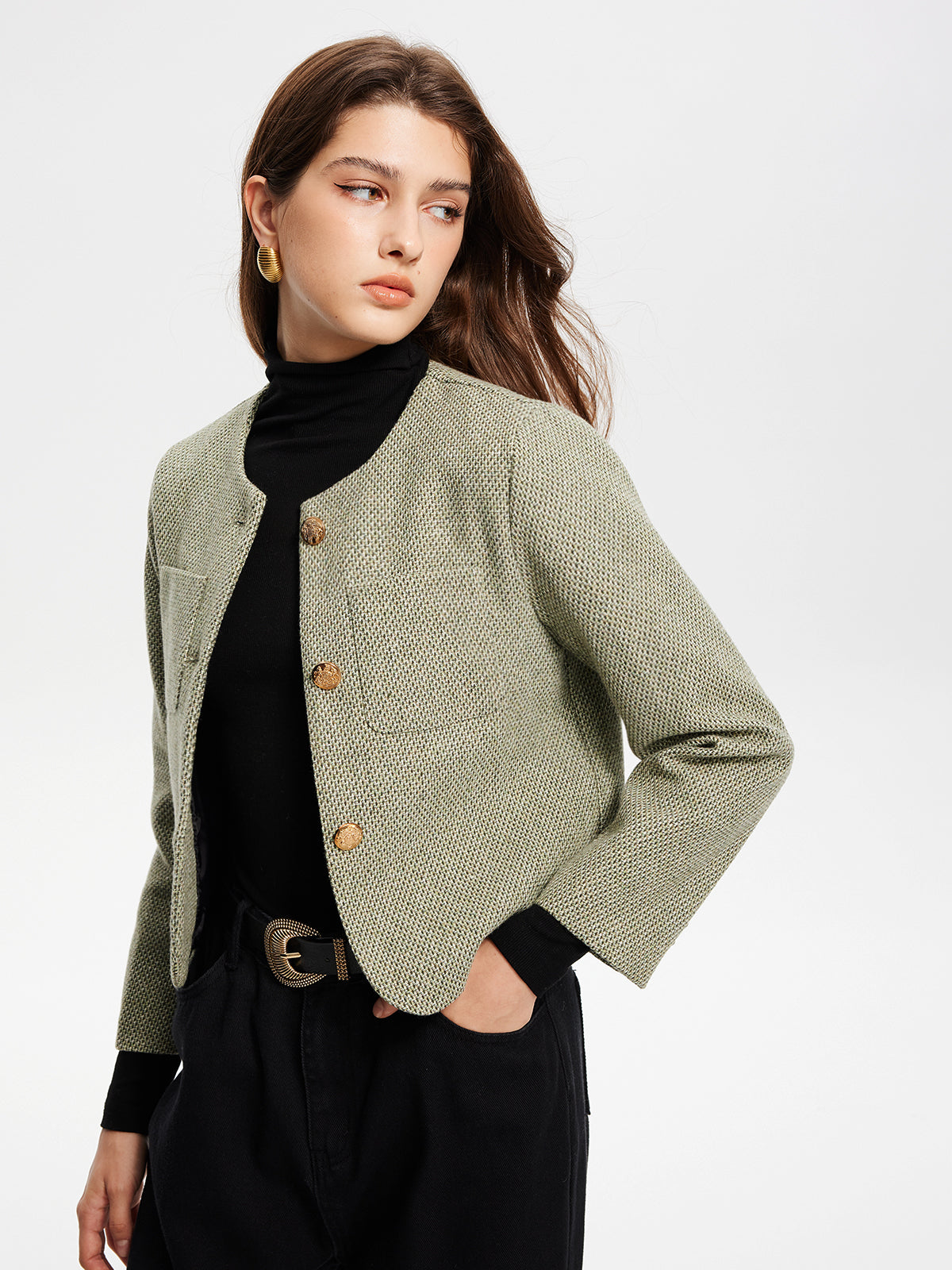 Modische Tweed-Jacke mit Hals-Tasche - IdealeKleiden