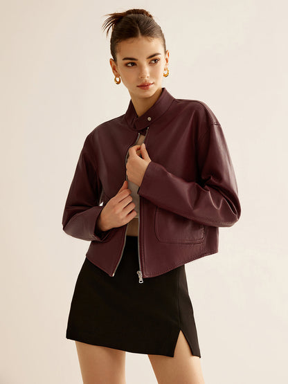 Blouson en cuir tendance, fermeture éclair fantaisie