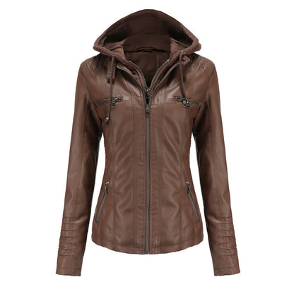 Blouson en Cuir à Capuche Coupe Ajustée