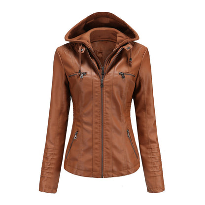 Blouson en Cuir à Capuche Coupe Ajustée