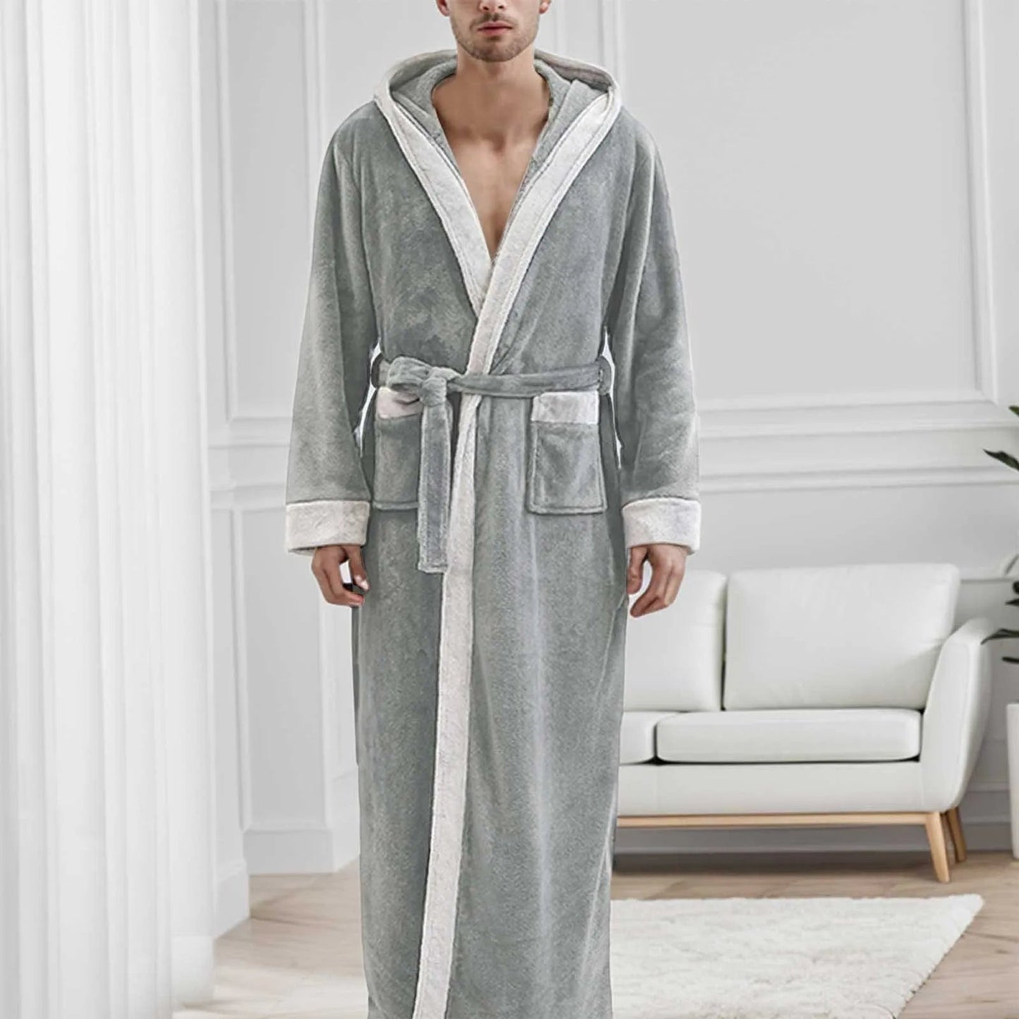 Peignoir long homme à capuche chaud d'hiver