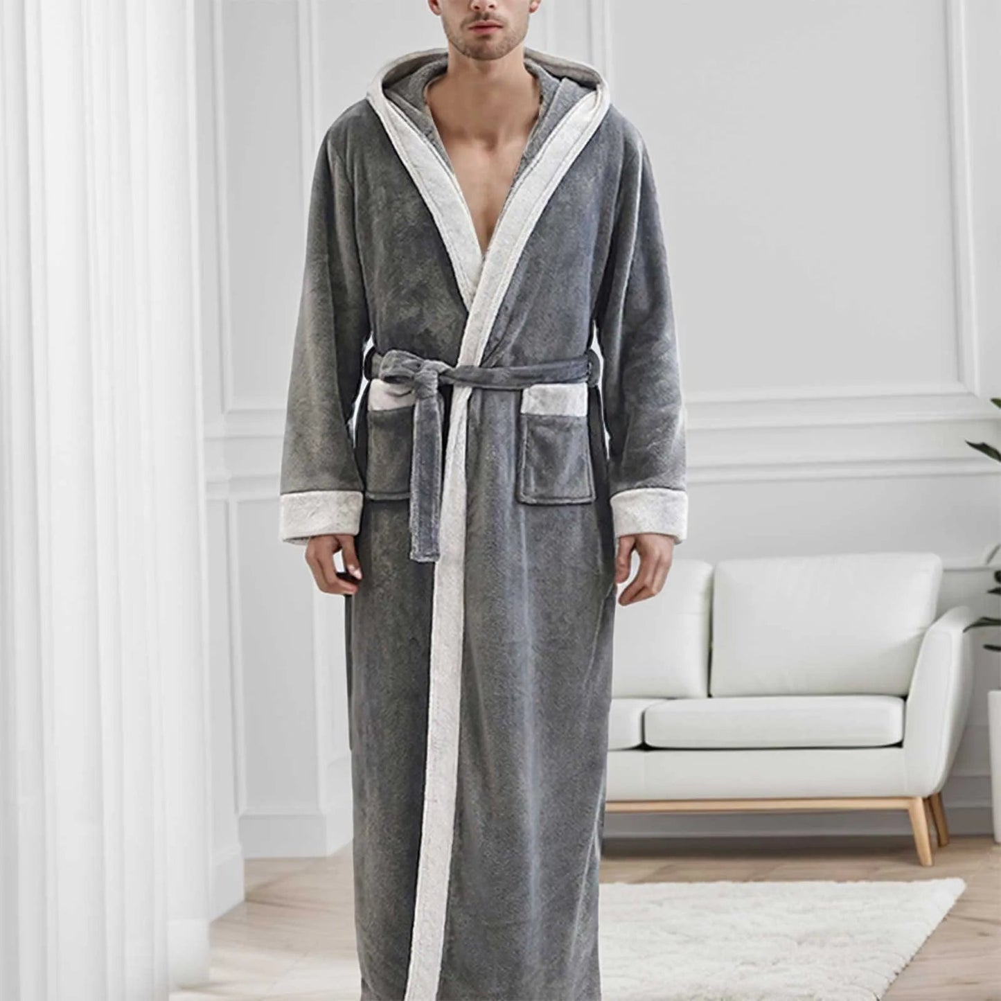 Peignoir long homme à capuche chaud d'hiver